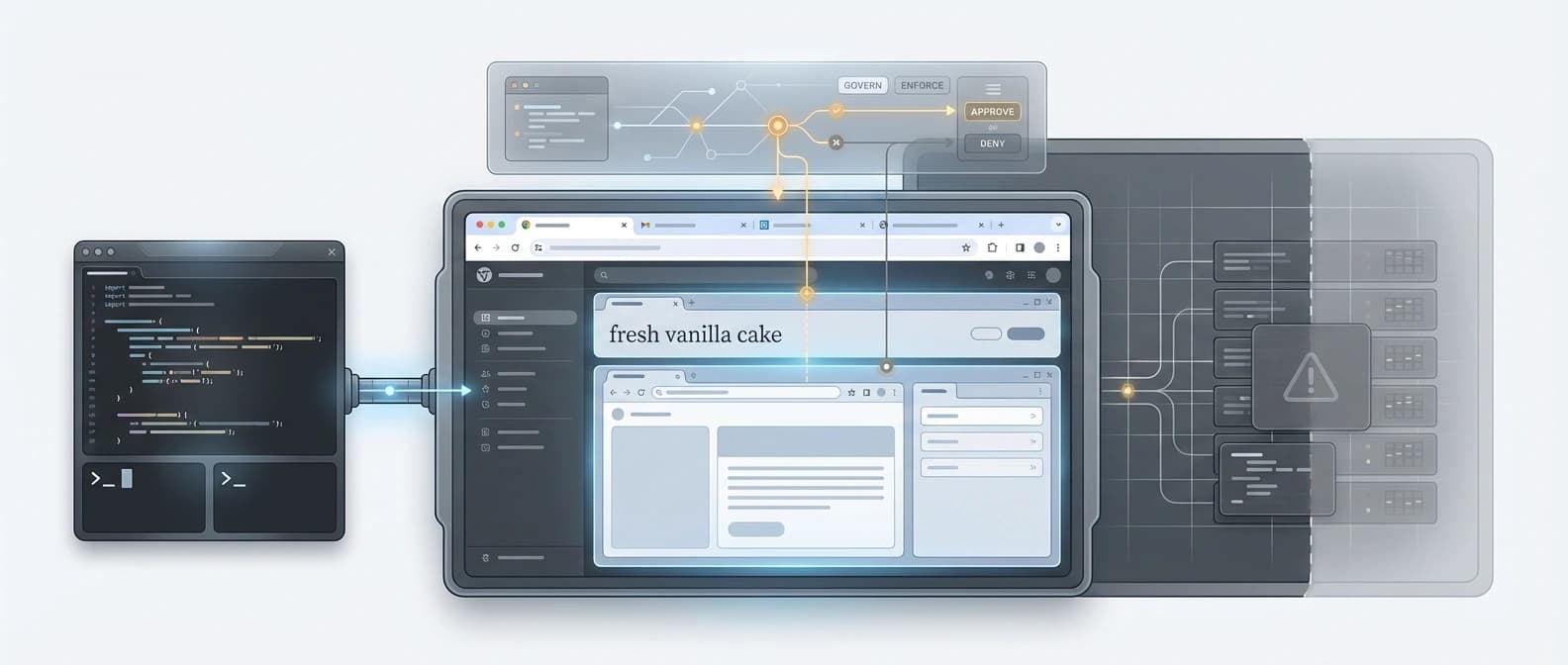 An editorial diagram showing a coding agent reaching a live browser through a brokered control layer while approvals and tool policy sit outside the agent itself.