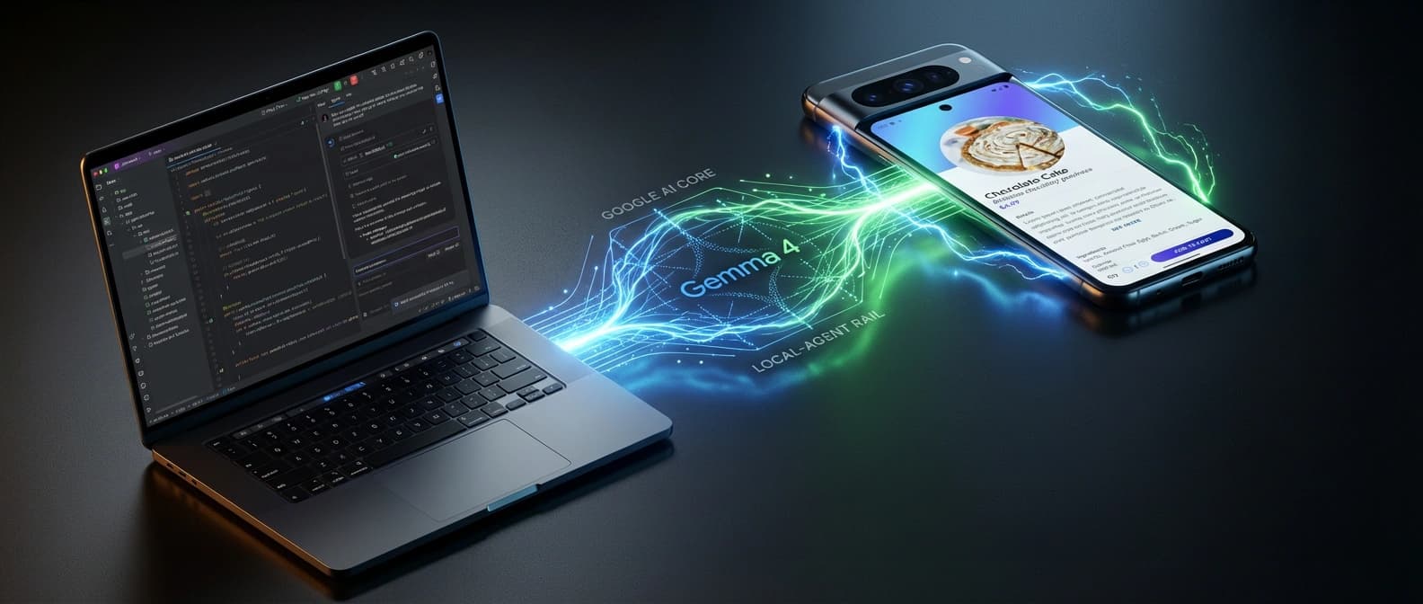 Editorial illustration of an Android Studio laptop linked through Gemma 4 to a Pixel-style Android phone, showing one Google-controlled local-agent rail from IDE to on-device runtime.
