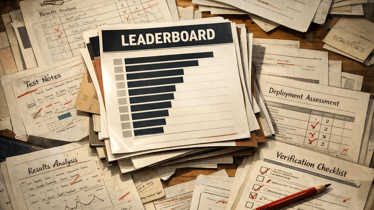 Editorial illustration of stacked benchmark cards, evaluation panels, and a verification checklist arranged like a research desk spread.