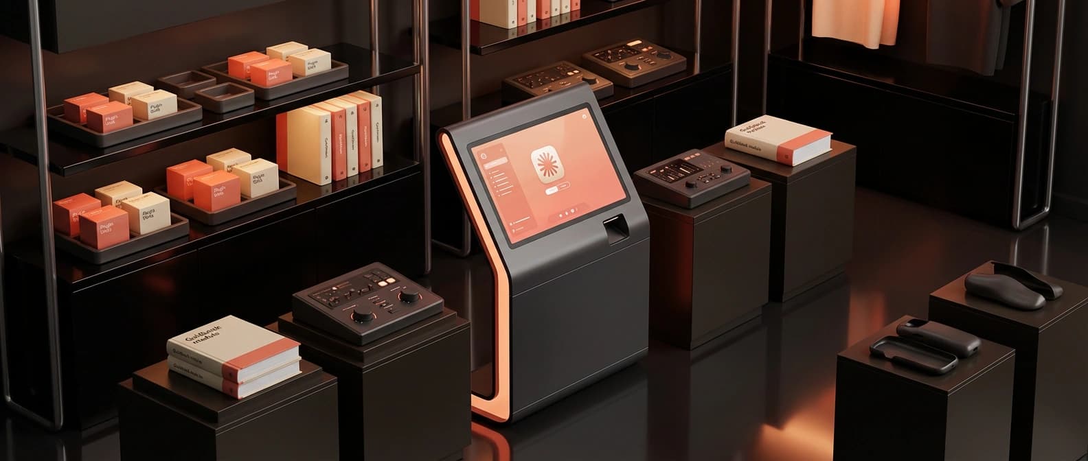 An editorial illustration of a Claude Code-style terminal acting like the anchor store in a small software mall, with premium plugin trays, guidebooks, and orchestration panels arranged around it.