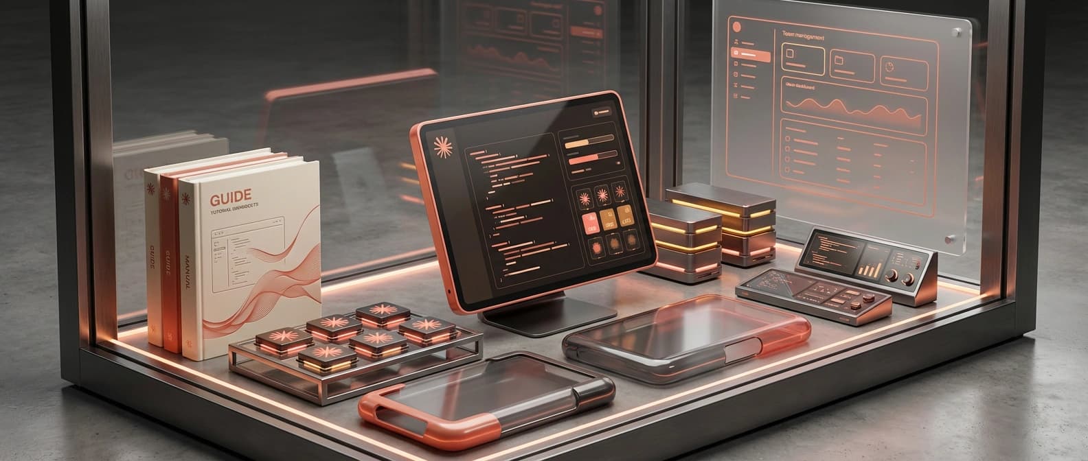 An editorial illustration of a Claude Code-style terminal surrounded by guidebooks, plugin trays, orchestration panels, and team-management surfaces, like a small software marketplace forming around one command line.
