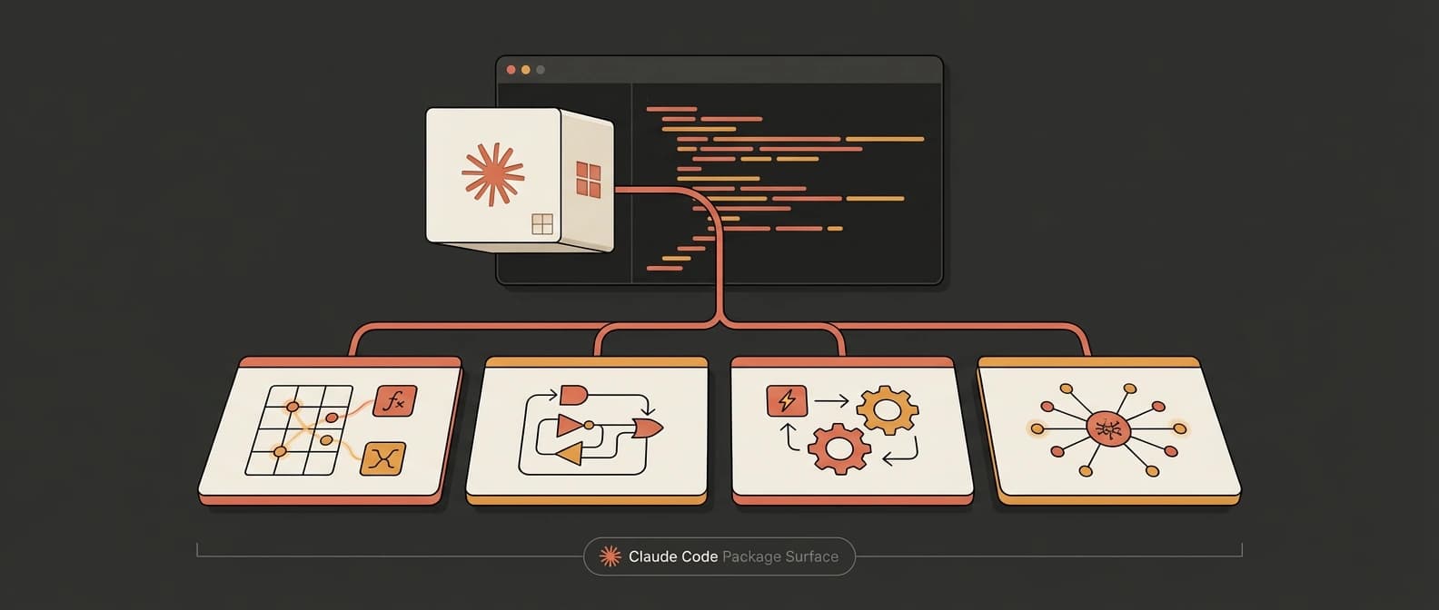 An editorial diagram showing the official Claude plugin directory feeding into a Claude Code-style terminal, with skills, agents, hooks, and MCP server modules branching out from one plugin package.