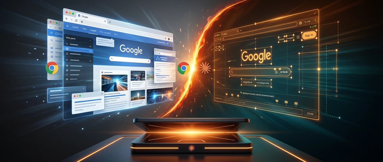 An editorial illustration of Claude Code-style tooling extending from a terminal into browser windows, with one lane showing a Chromium session and another a structured layout map rather than pixels.