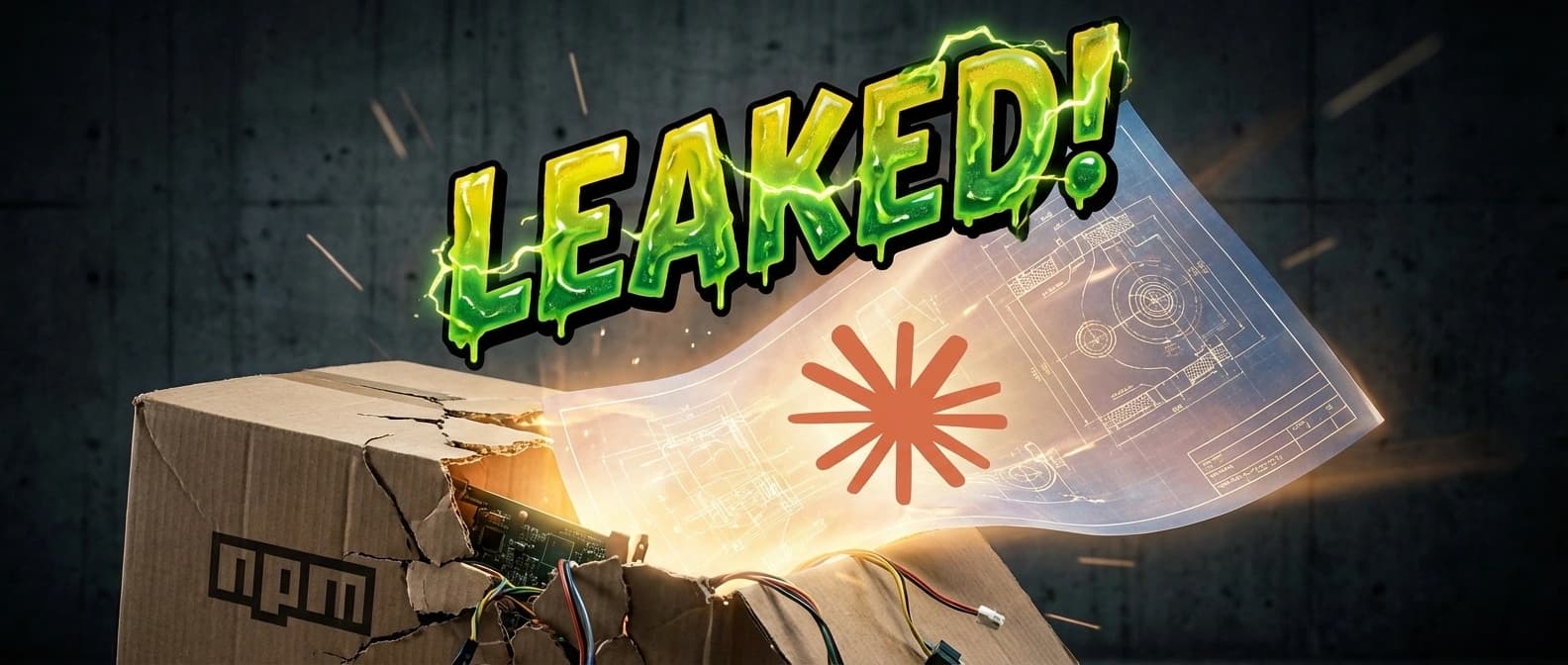 An editorial illustration of a cracked npm package spilling a Claude-branded blueprint, with a tilted mutant-comic LEAKED! title and the orange Claude starburst printed on the sheet.