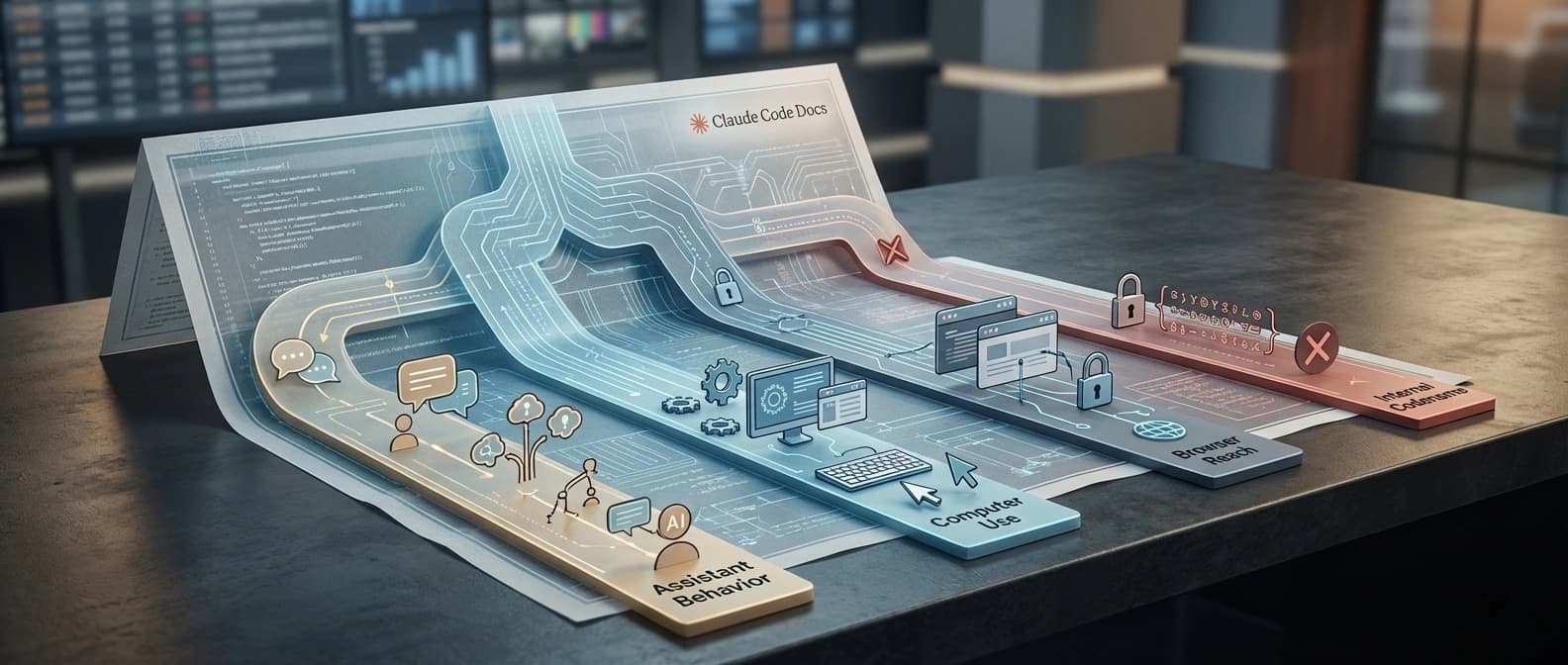 An editorial explainer figure showing a folded sourcemap opening into several Claude Code product lanes, including assistant behavior, computer use, browser reach, and an internal codename path.