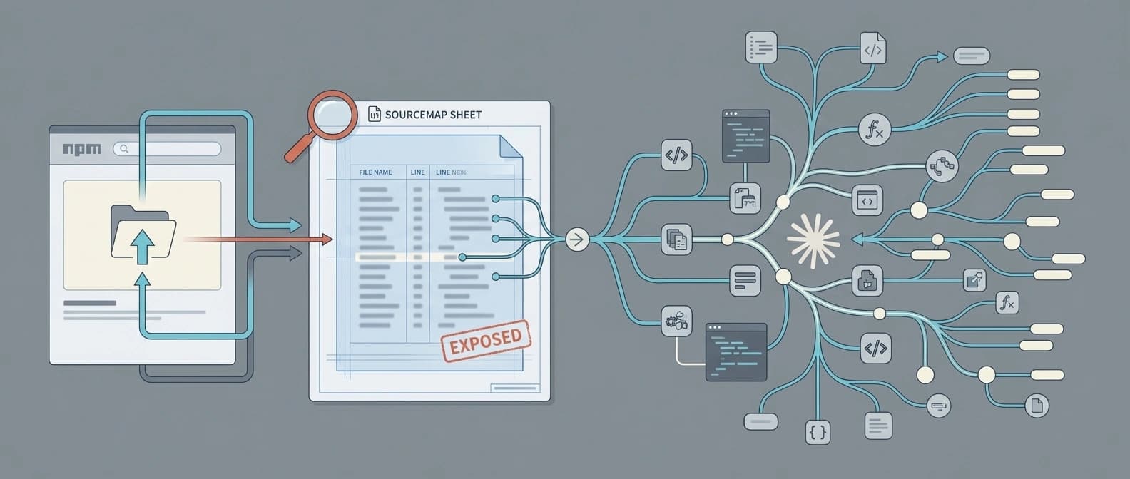 An editorial explainer figure showing a public npm package release feeding into an exposed sourcemap sheet and then branching into a readable source tree.