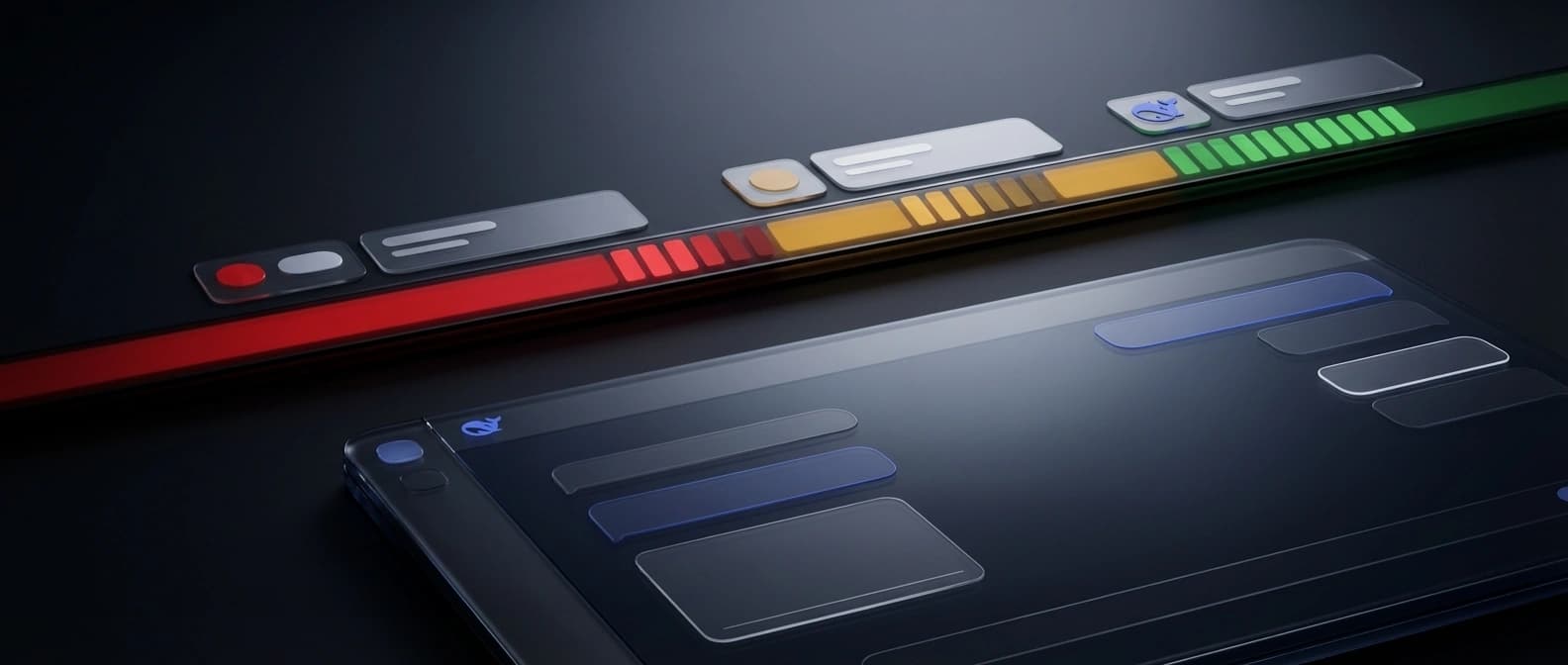Editorial illustration of a high-profile AI chat surface going dark while a disciplined status timeline recovers in stages, framing DeepSeek's outage as a reliability story rather than a benchmark story.