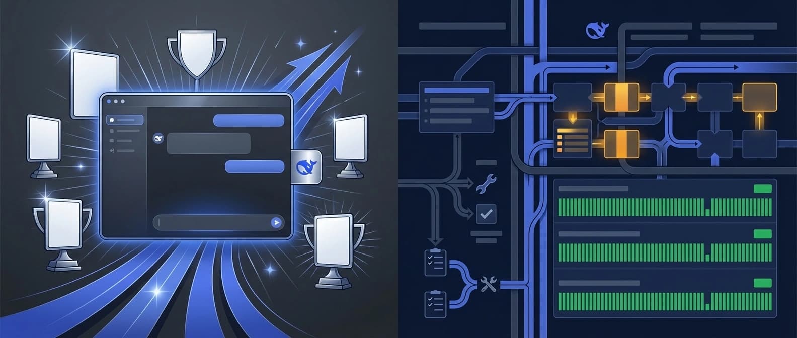 Split editorial illustration contrasting benchmark-trophy theater on one side with calm routing, cache, and redundancy infrastructure on the other.