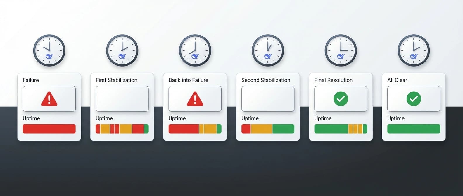Text-free editorial sequence of six chat-service panels with advancing clocks and color shifts from red outage through amber recovery to green resolution.