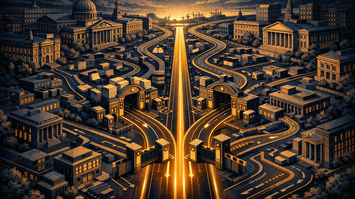 Editorial illustration of a European procurement map with compliance gates, institutional blocks, and AI vendor pathways converging into approved lanes.