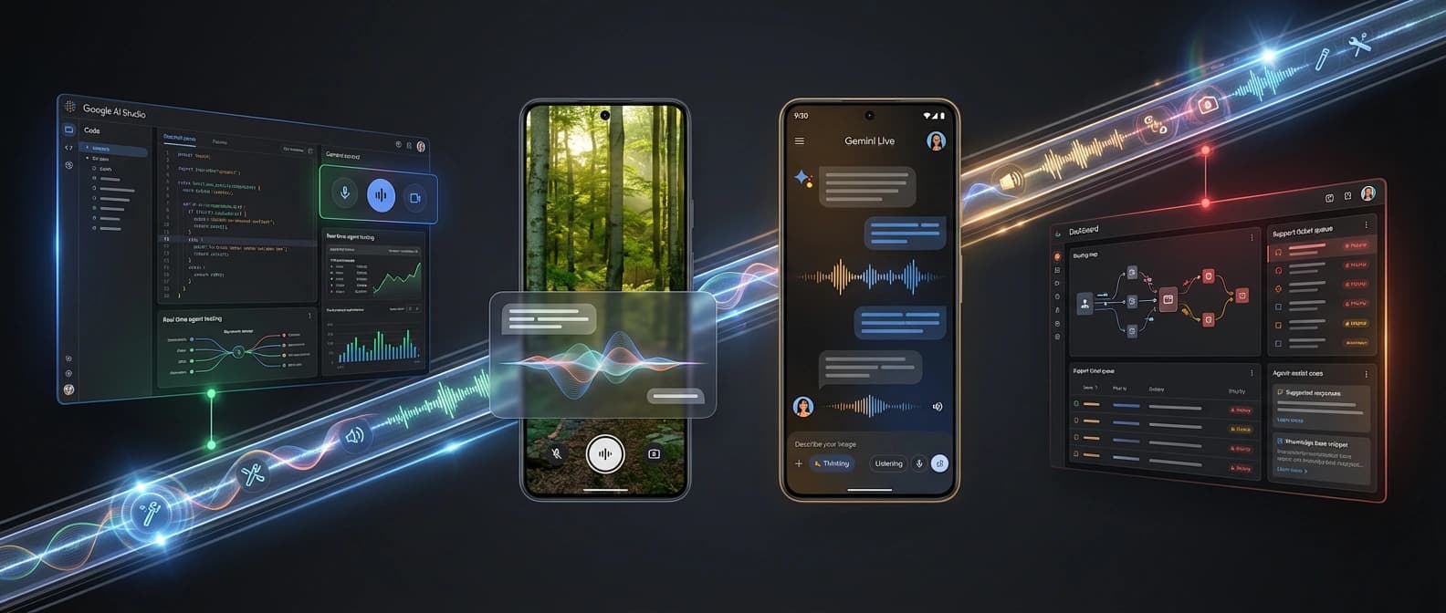 Editorial illustration of one live interaction rail linking a developer console, Search camera view, Gemini voice chat, and an enterprise support workflow.