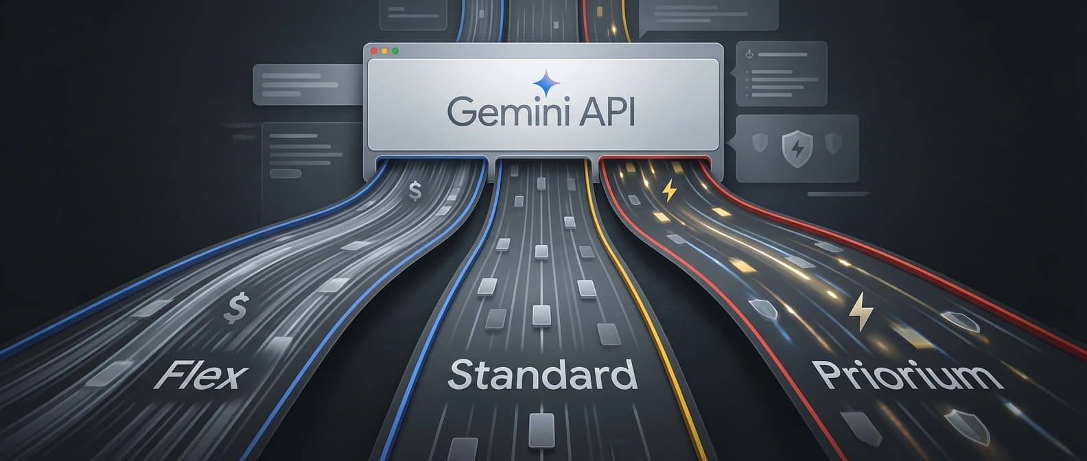 Editorial illustration of one Gemini API gateway splitting agent traffic into a broad low-cost Flex lane and a narrower premium Priority lane inside a dark Google-style developer workflow.