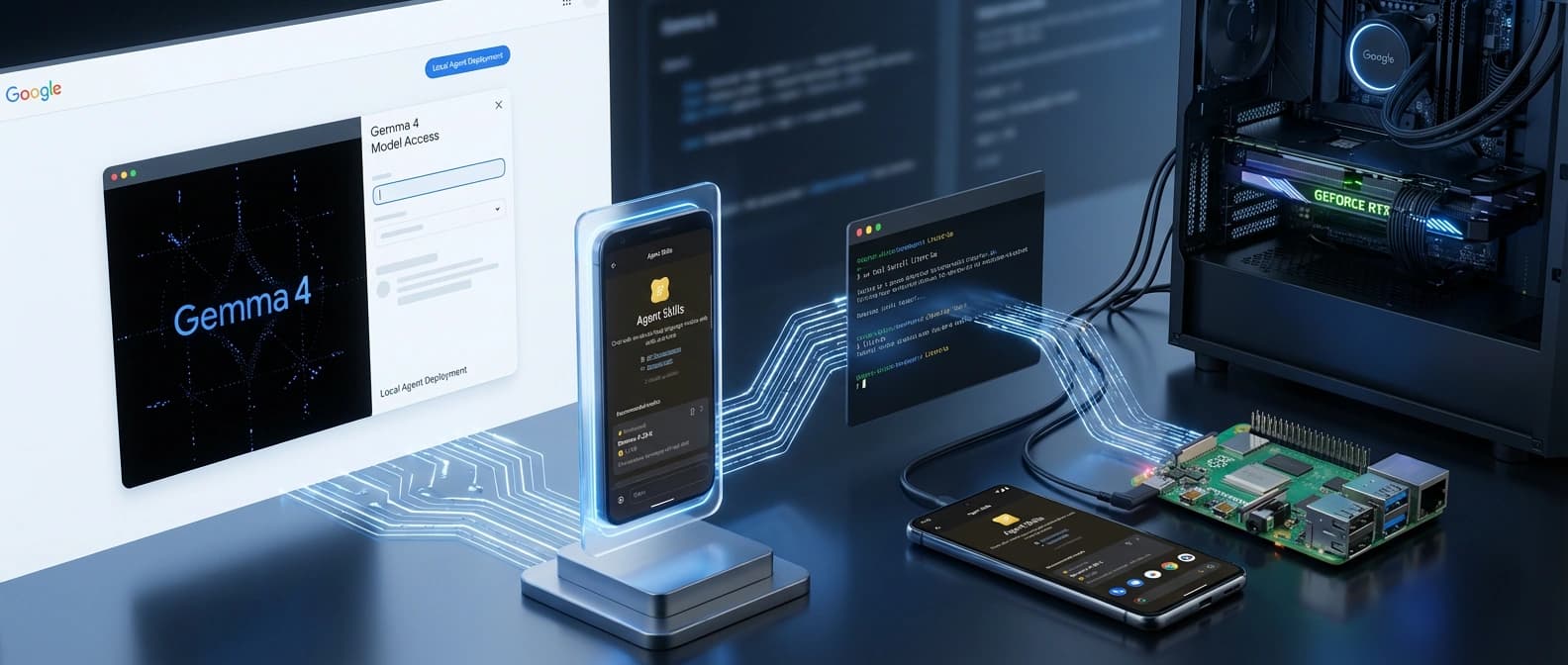 Editorial illustration of Gemma 4 as Google's local-agent route, linking Apache 2.0 model access to AI Edge Gallery, Android AICore, LiteRT-LM, and real devices.