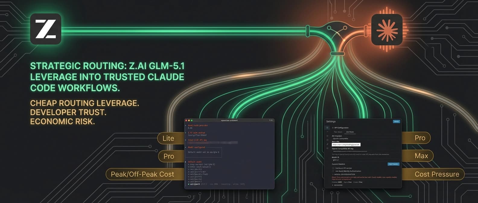 Editorial concept image of a premium z.ai route pushing through Claude Code territory while quota clocks, pricing pressure, and switching lanes fan toward OpenClaw and Cline-style panels.