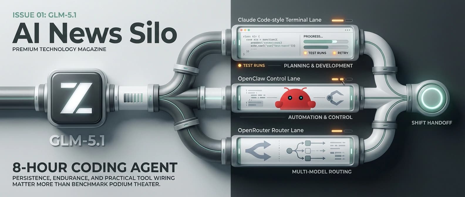 Editorial illustration of a long coding shift routed through GLM-5.1, with a steady agent loop spanning planning, edits, tests, tool calls, and a visible handoff into Claude Code, OpenClaw, and OpenRouter-style lanes.