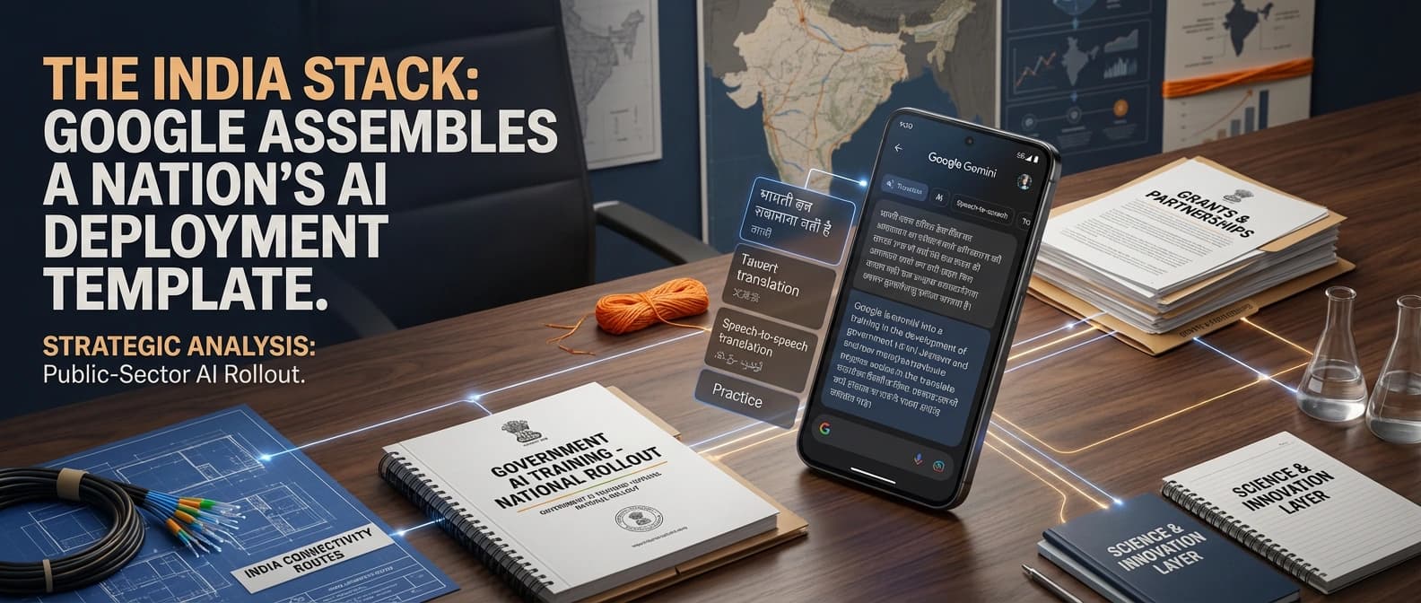 Editorial illustration of a national AI rollout board in India linking subsea connectivity routes, civil-service training, grant funding, and localized Gemini product surfaces.