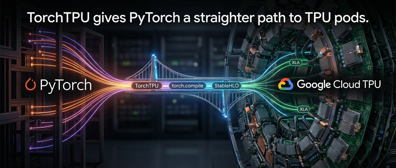Editorial illustration of PyTorch workloads crossing a cleaner runtime bridge into a Google TPU pod, with compiler layers and distributed lanes visible.