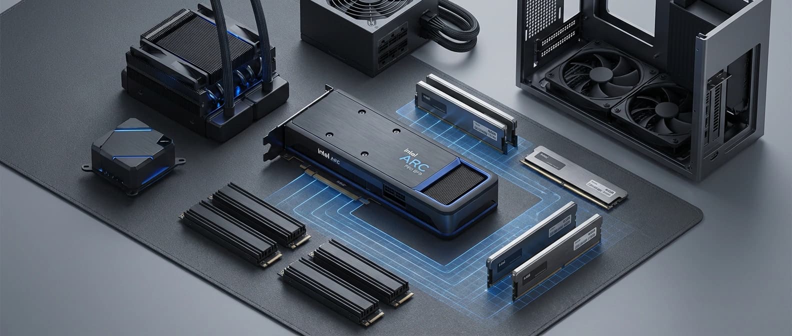 Editorial figure showing a workstation budget split across a sub-$1,000 GPU, CPU, storage, and power, with the GPU memory pool emphasized.