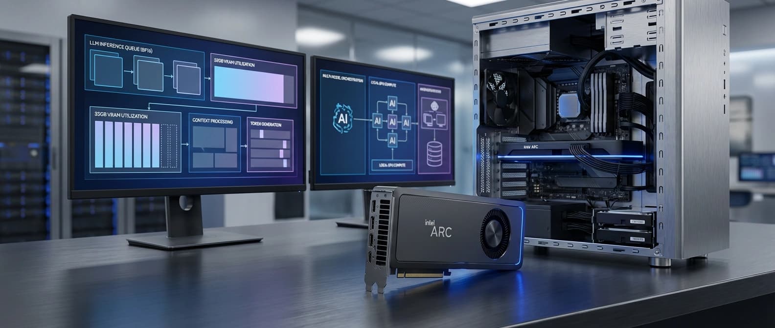 Editorial illustration of an Intel Arc Pro B70 workstation GPU beside an open desktop tower and monitor showing an abstract local AI inference workload.