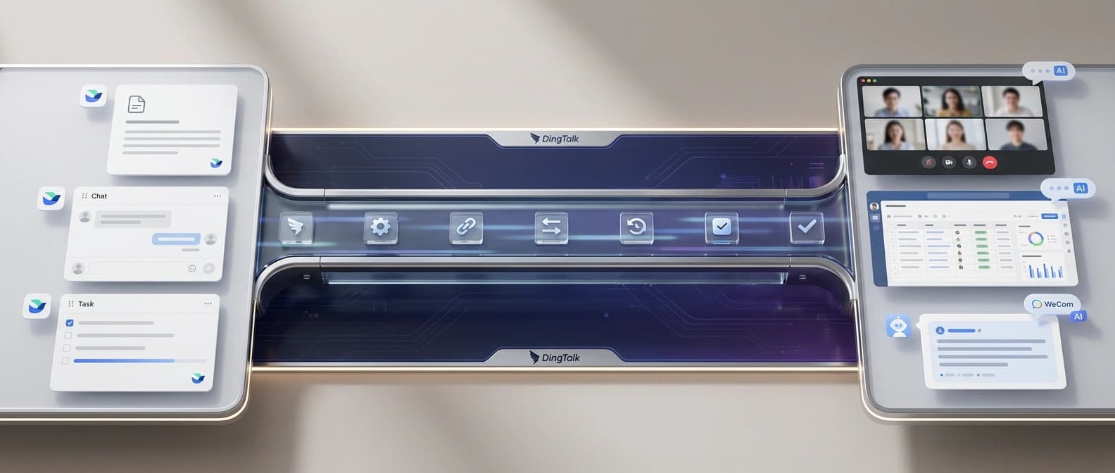 Wordless editorial figure showing docs, chat, tasks, a meeting surface, and record panels connected by one shared horizontal action rail.