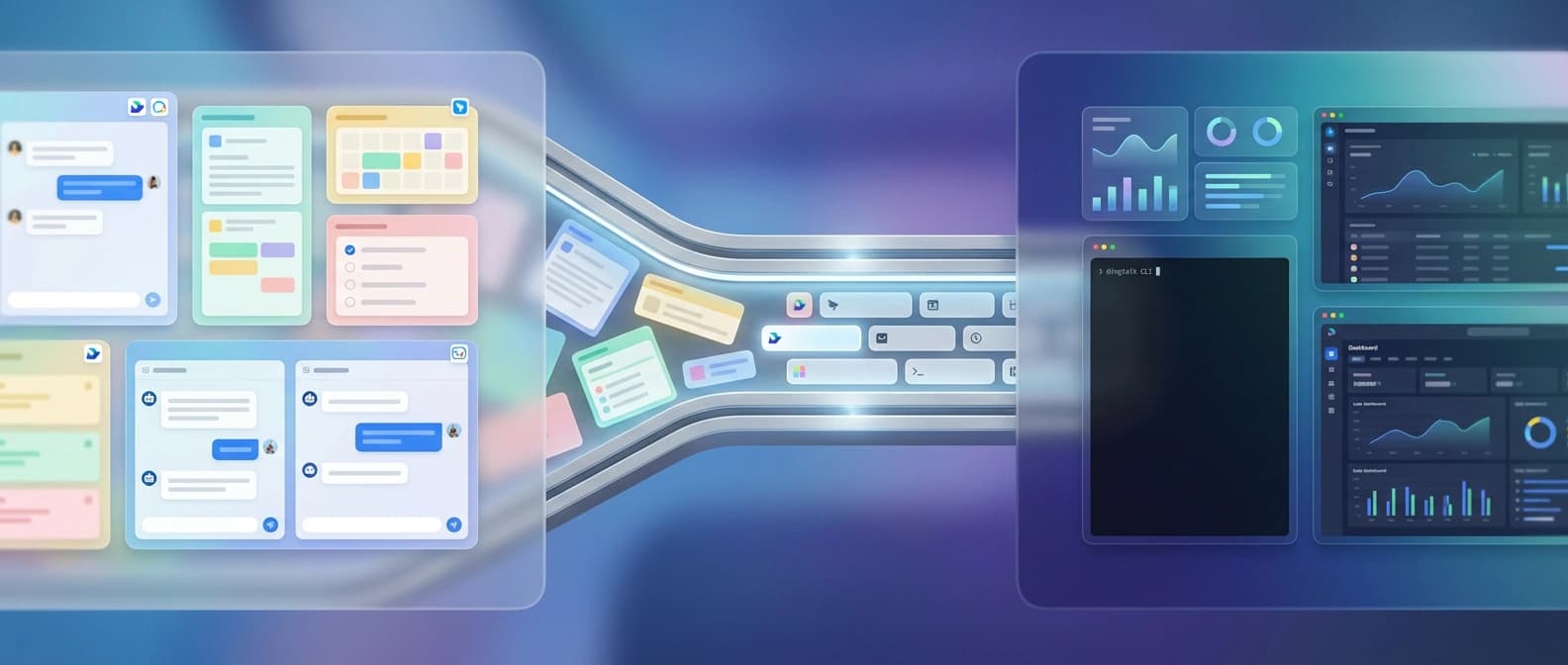 Wordless editorial figure showing workplace chat, doc, calendar, and task surfaces compressing into a central action conduit and emerging as darker command-style systems.