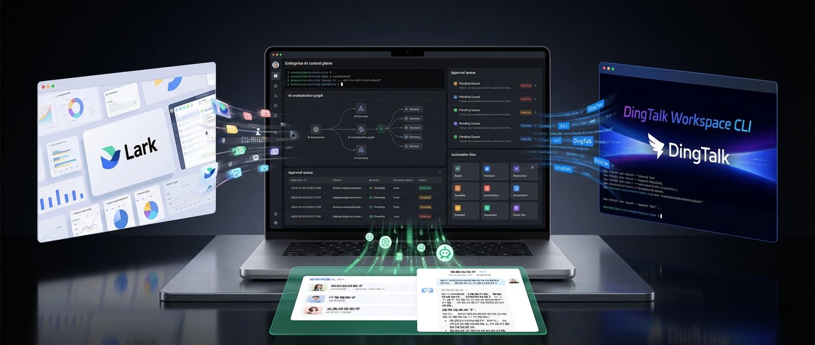 A dark laptop-like agent control console pulling Lark, DingTalk, and WeCom workplace panels into one shared orchestration layer.