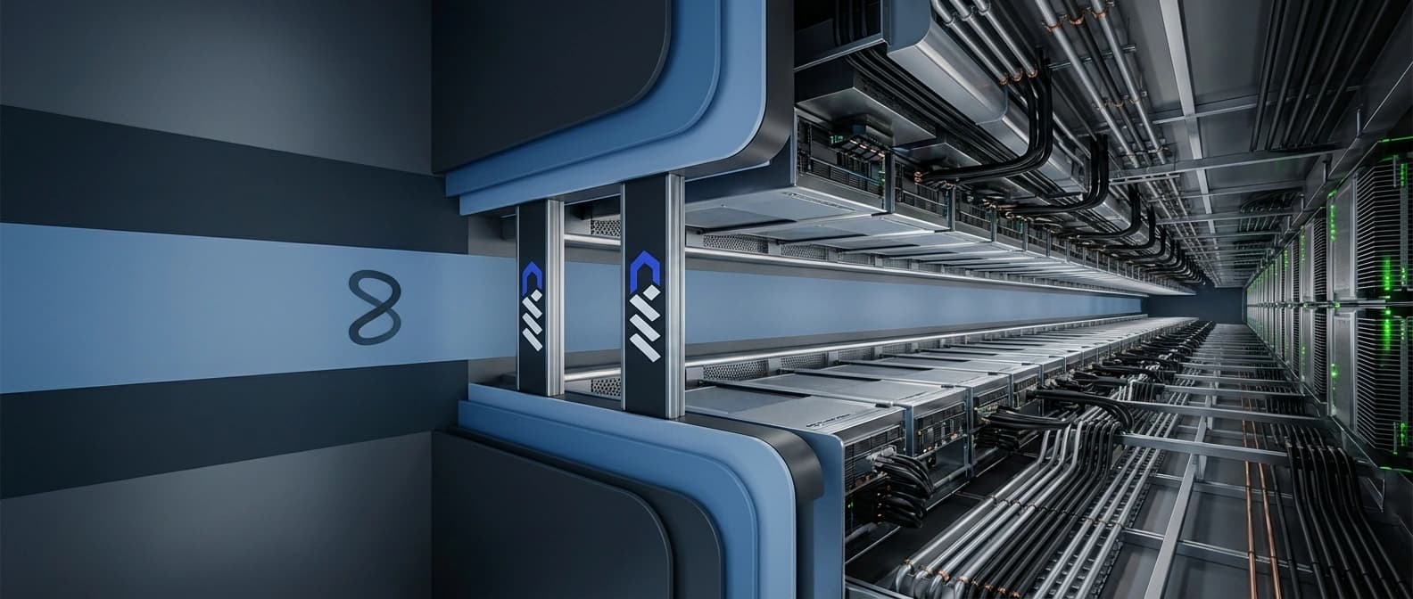 Editorial illustration of Meta reserving a long-horizon external AI compute lane from CoreWeave, with future-generation Rubin hardware and data-center capacity extending deep into the next decade.