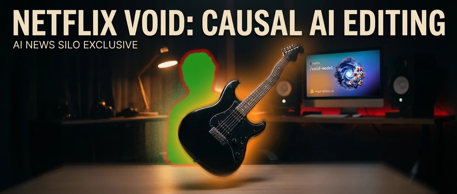 Editorial illustration of a removed person leaving behind a physically updated scene, with a guitar dropping through empty space and a quadmask-style overlay marking object, overlap, affected regions, and background.