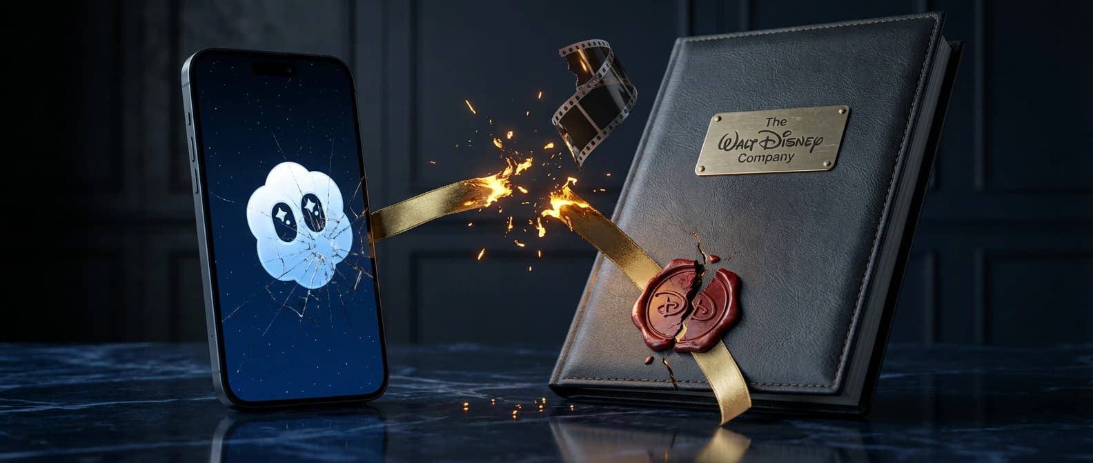 A cinematic editorial illustration of the Sora app icon on a phone beside a Disney-branded contract folder, with a snapped film strip and broken seal showing the partnership collapsing.