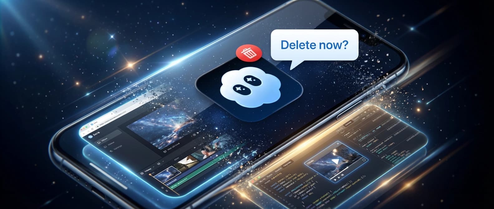 A phone showing a fading AI video social feed in the foreground while stable Sora 2 web and developer surfaces remain lit behind it, signaling a shutdown of the app layer rather than a clean death of the whole product.