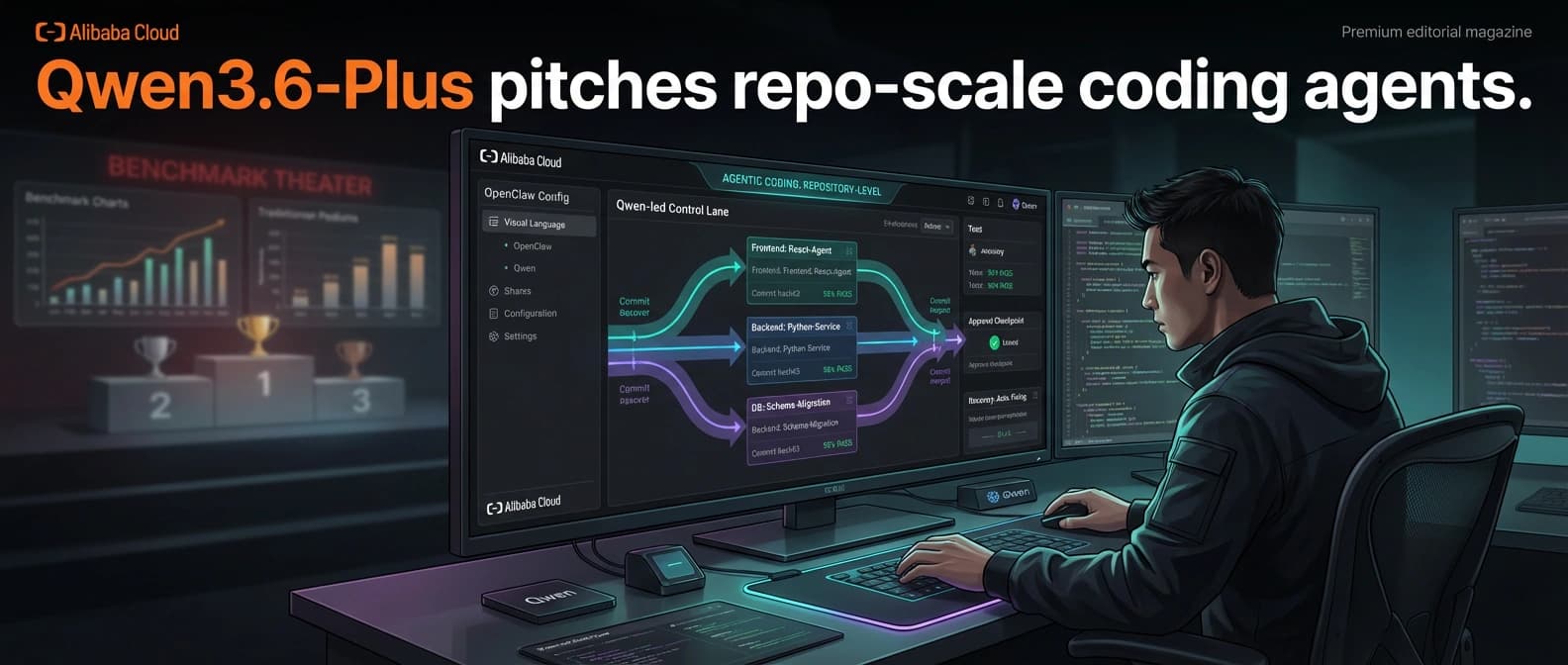 Editorial illustration of a sprawling software repository, terminal and UI surfaces, and a Qwen-led agent execution loop holding a long coding job together.