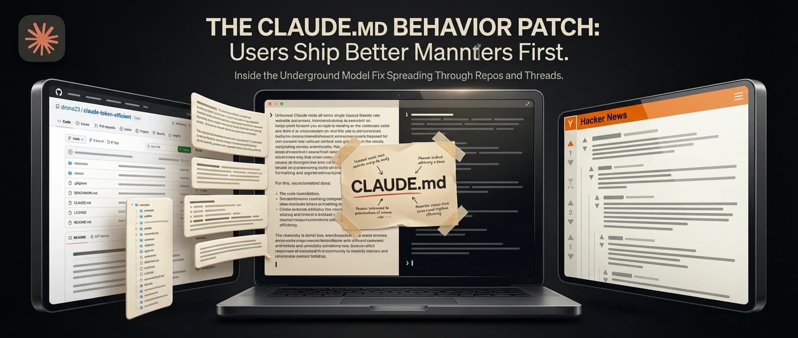 Editorial collage showing a GitHub repo, a central laptop with a pinned CLAUDE.md patch note, and a Hacker News thread around a Claude Code-style workflow.
