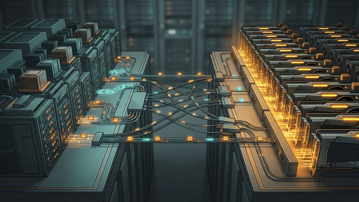 Editorial illustration of a multimodal serving stack split across a CPU render tier, a transport layer, and separate GPU inference racks instead of one monolithic serving box.