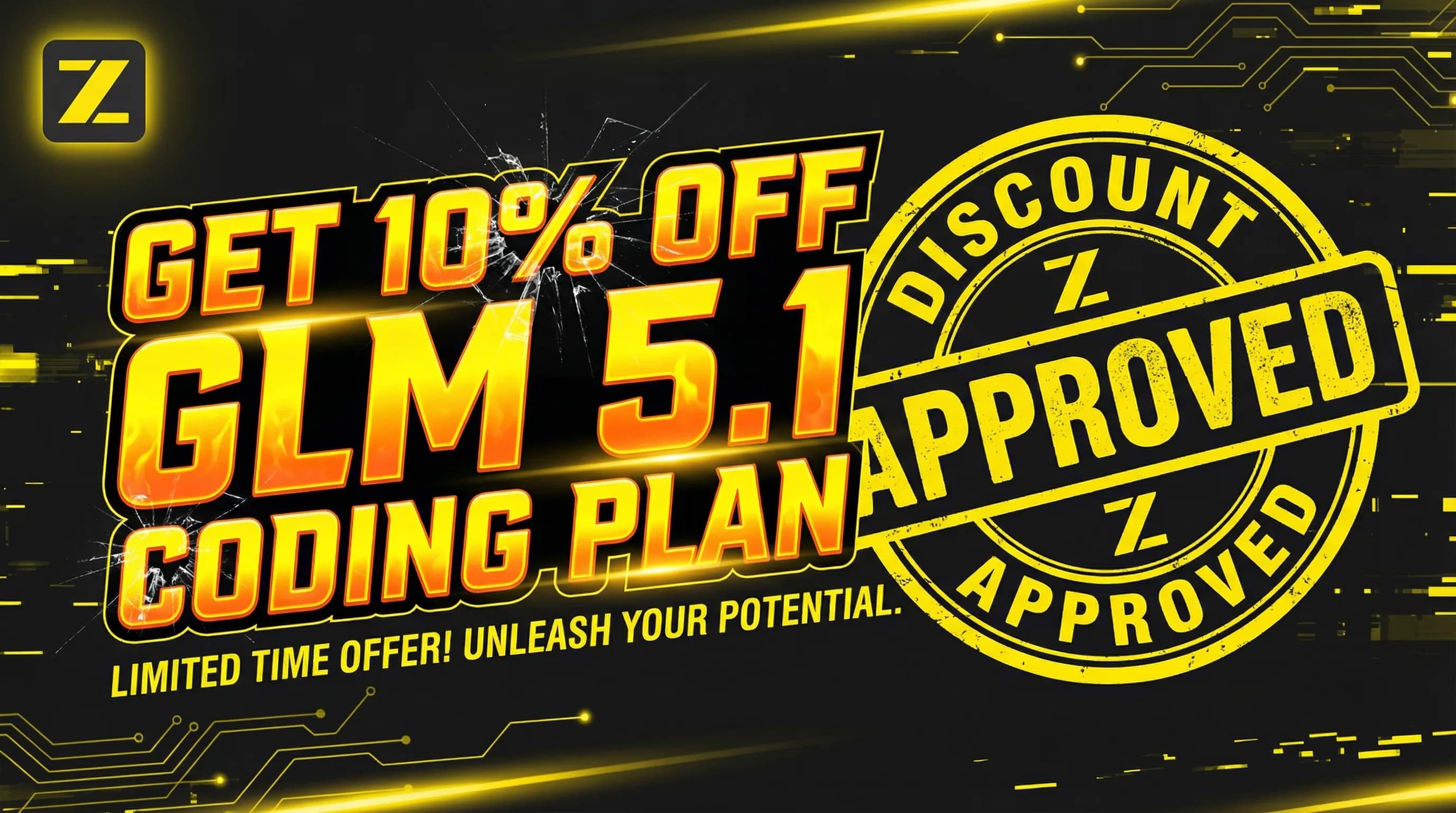 Z.ai GLM 5.1 Coding Plan discount hero graphic showing a 10% off offer and approved discount badge.