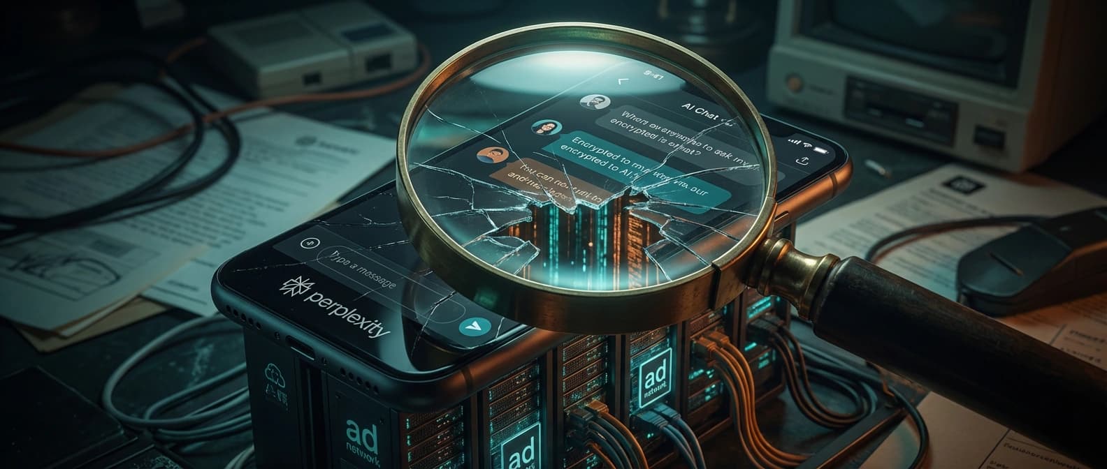 Magnifying glass cracking a smartphone screen to reveal surveillance feeds flowing from an AI chat interface into hidden ad-network pipes, in noir cinematic style with deep teal and amber tones.