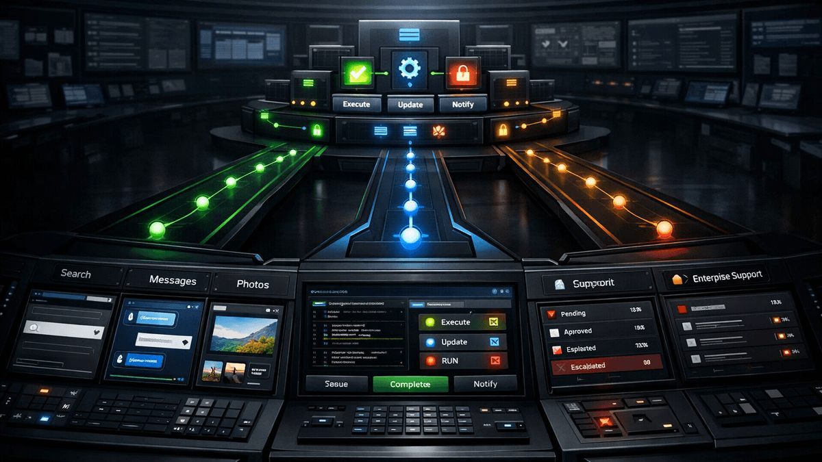 Editorial illustration of a cross-vendor AI control surface where search, support, and tool-execution rails converge into one action layer.