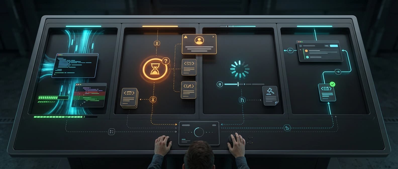 Editorial illustration of a developer control surface coordinating several AI coding agents across isolated worktrees, with task queues, status lights, and review checkpoints visible on one canvas.