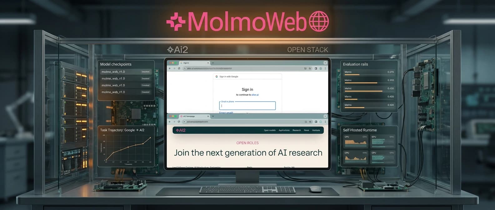 A layered editorial illustration of a live browser agent workspace with visible model, dataset, and evaluation components arranged around it like an open engineering stack.