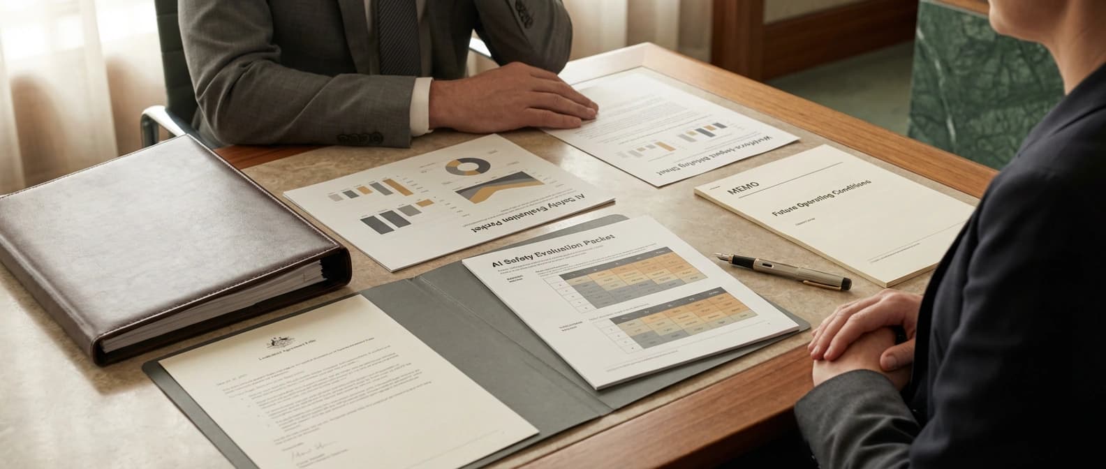 Editorial illustration of a Canberra policy desk with a formal MOU folio, AI safety review papers, and workforce-impact briefing pages under discussion.