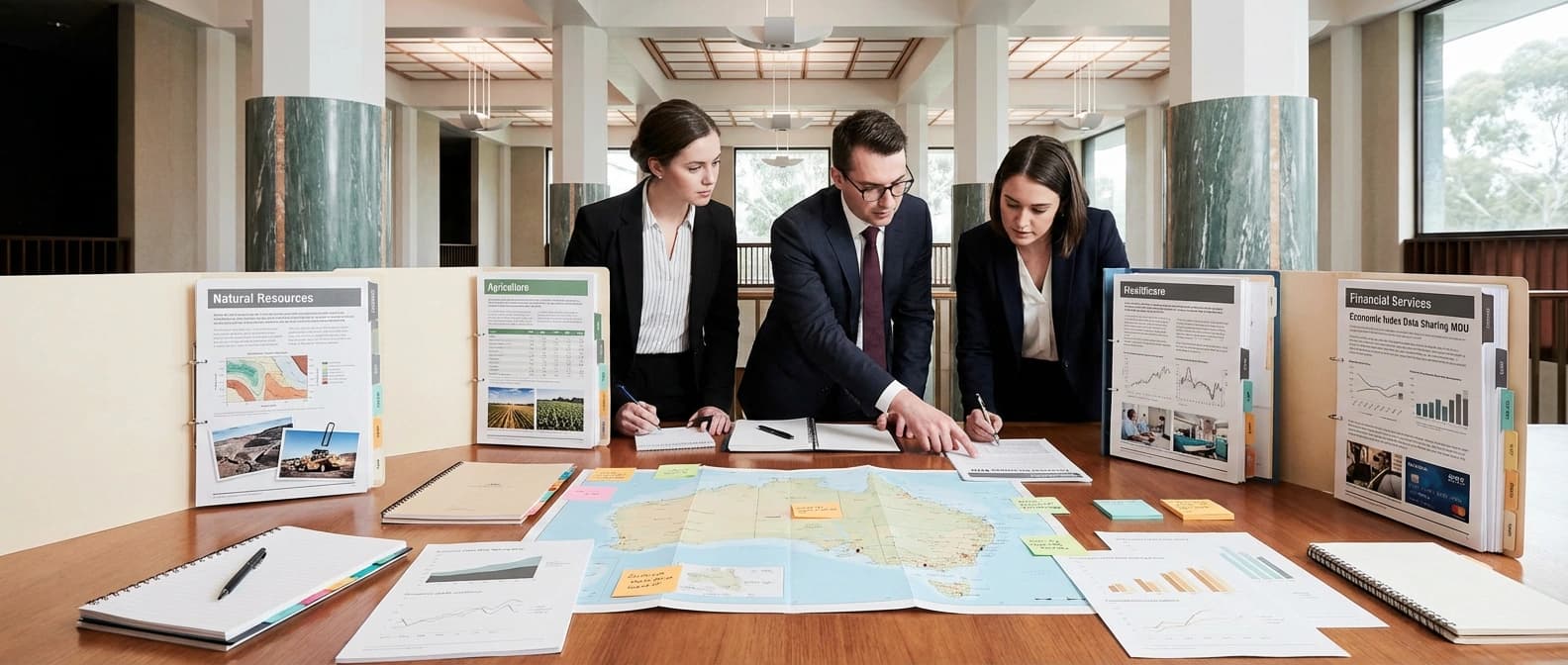 Editorial illustration of Australian sector maps and workforce-impact review materials covering mining, agriculture, healthcare, and finance.