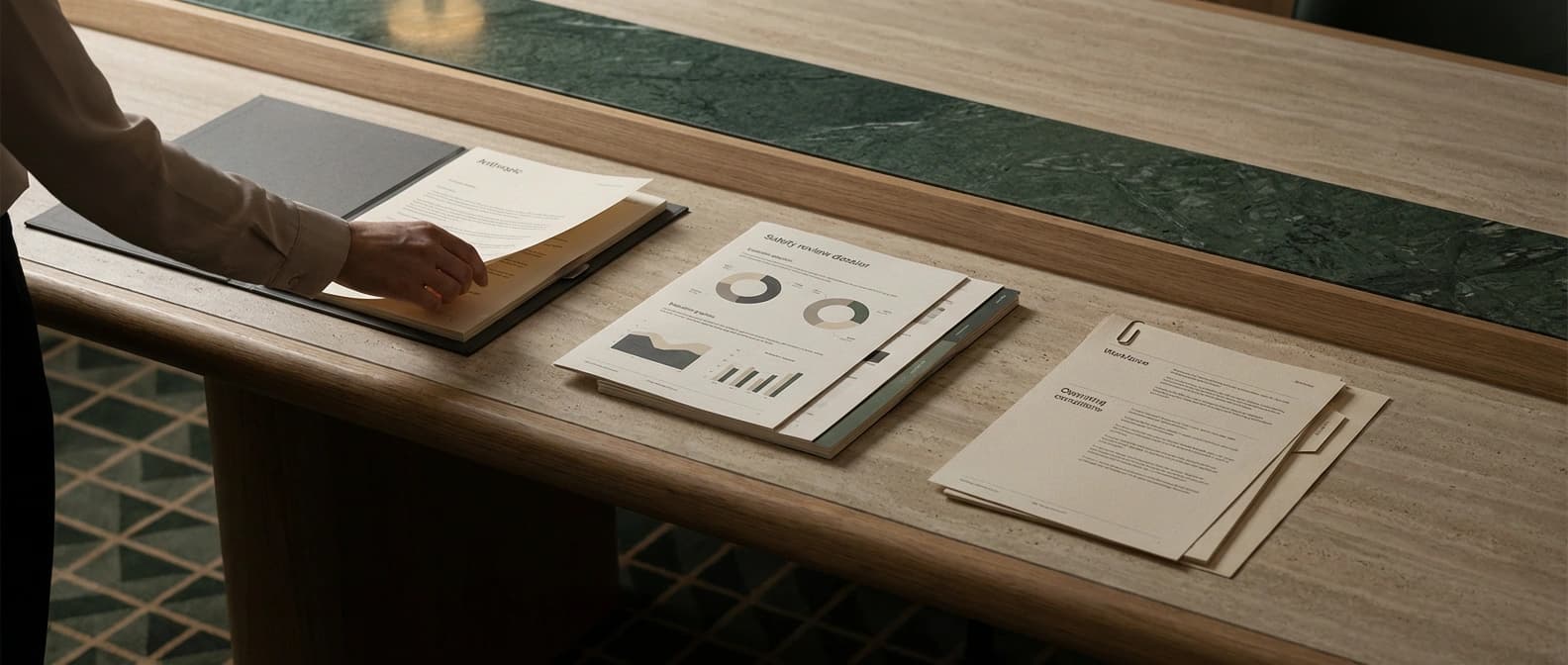 Editorial illustration of a Canberra policy-review table with a signing folio, a frontier-model safety dossier, and workforce-and-operating- conditions briefing pages.