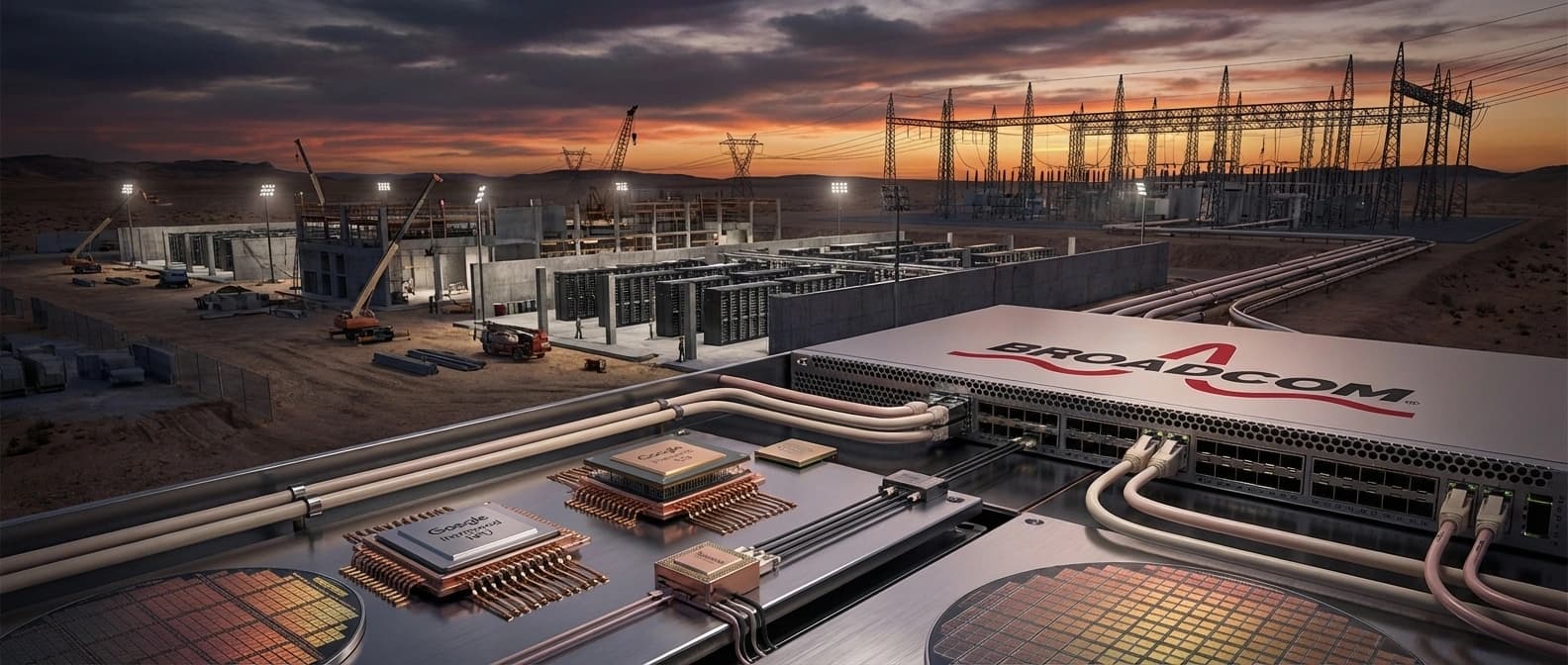 Editorial illustration of Anthropic, Google Cloud, and Broadcom aligned across a long-horizon compute pipeline, with TPU silicon, power infrastructure, and U.S. data-center buildout cues sharing one industrial frame.