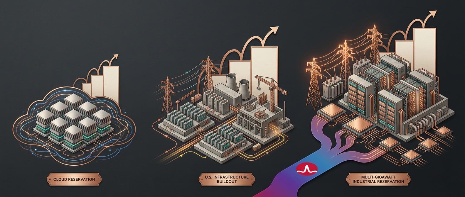 Editorial progression diagram showing Anthropic's TPU expansion growing into U.S. power-and-data-center buildout and then into a denser multi-gigawatt compute corridor with silicon supply feeding underneath.