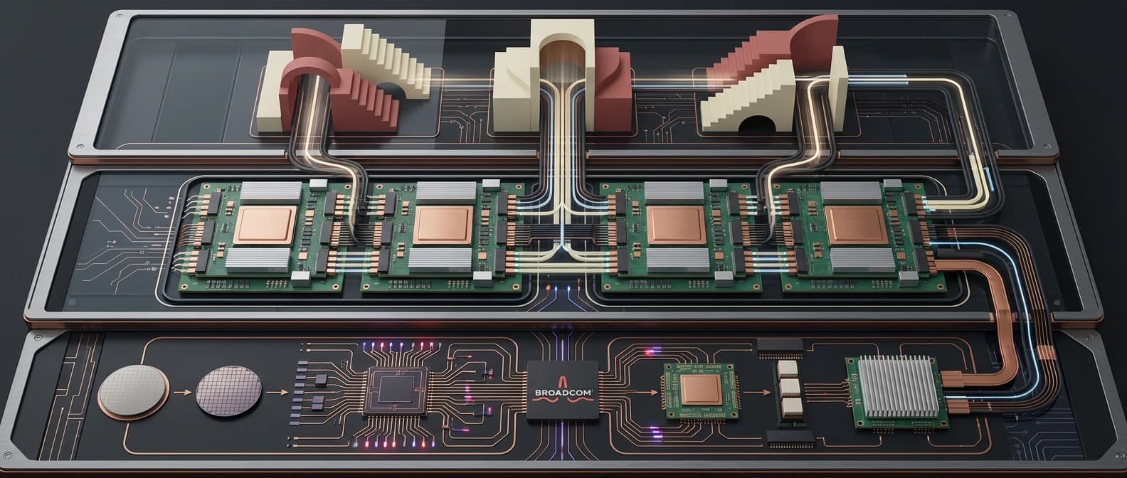 Editorial supply-stack illustration showing Broadcom-linked silicon flow feeding Google TPU infrastructure, with Anthropic demand pulling capacity through the full compute lane.