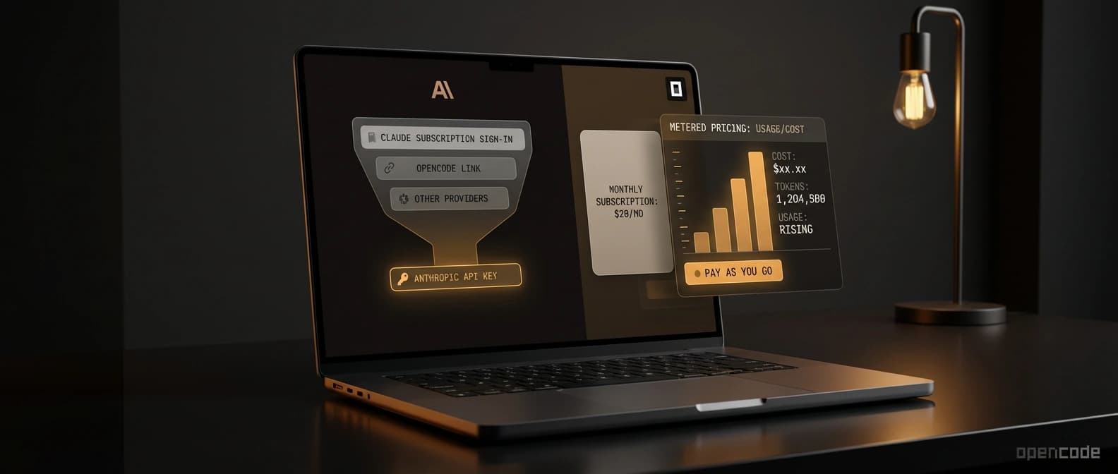 An editorial illustration of a developer workstation showing an OpenCode auth menu collapsing from multiple Claude sign-in options to a single Anthropic API key field beside a metered billing panel.