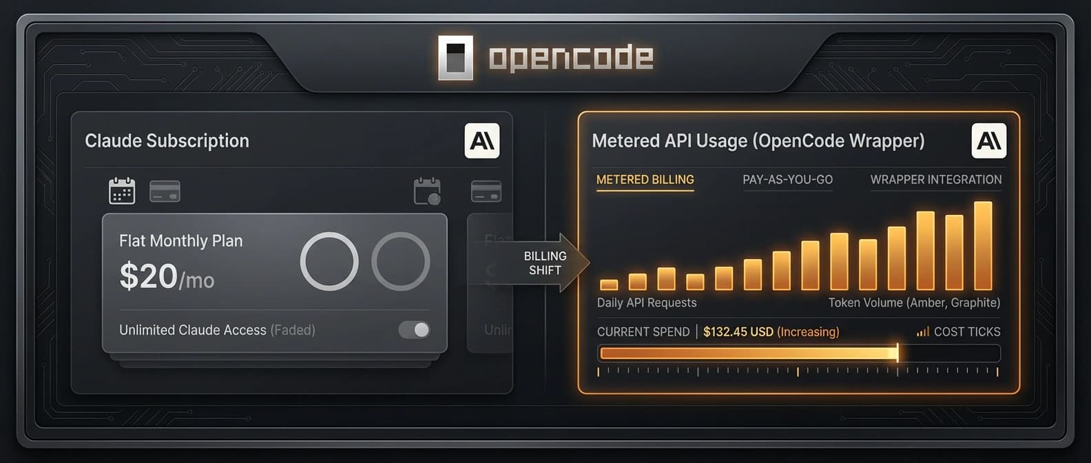An editorial diagram-style illustration contrasting a flat Claude subscription card with metered Anthropic API usage inside a third-party tool.