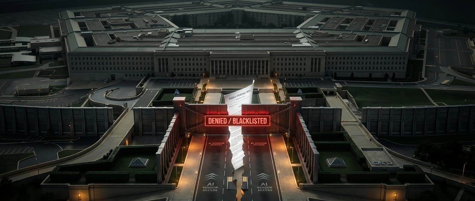 Editorial illustration of a Pentagon-facing procurement corridor with Anthropic and Claude contract lanes, a red blacklist barrier, and a federal courtroom order cutting the barrier back.
