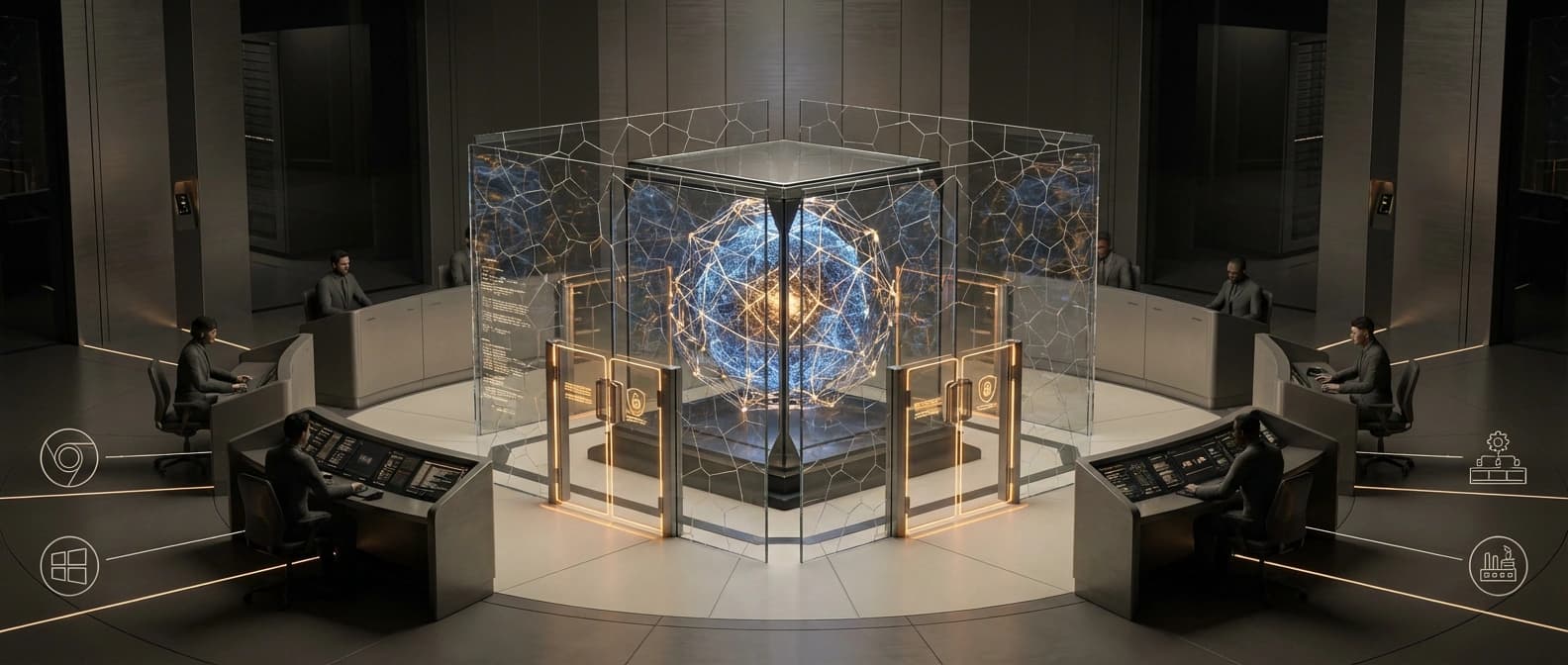 Editorial illustration of a guarded software-defense coalition briefing room, with vulnerability maps, operating-system symbols, and one restricted AI system held behind visible access controls.