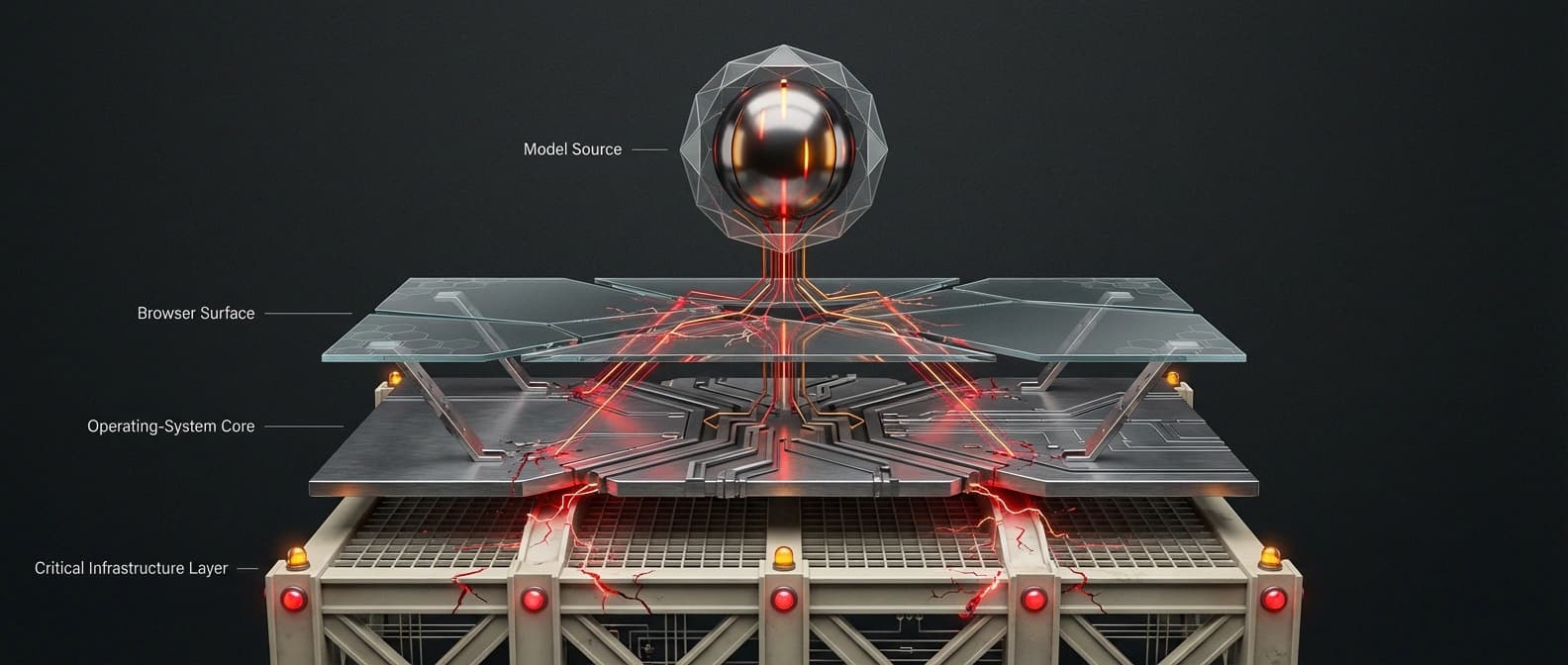 Editorial diagram showing pressure moving from one advanced model across browser, operating-system, and infrastructure layers without revealing any literal unpublished exploit details.