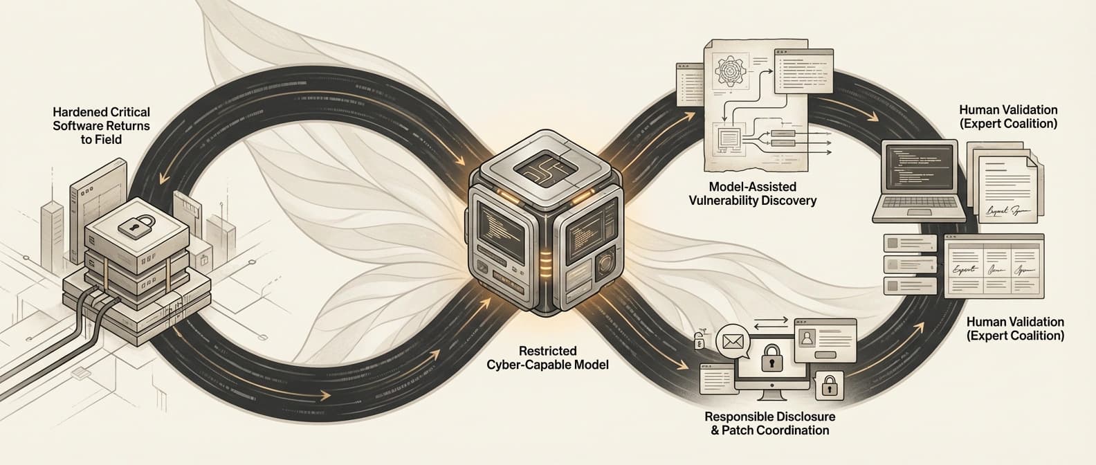 Editorial process illustration showing vulnerability discovery passing through validation, disclosure, patching, and software-hardening steps inside a governed security coalition.